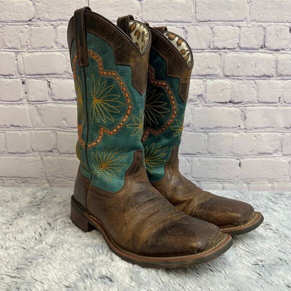Laredo Cheyenne Western Boots Teal Yellow Leather Cowgirl Farm Size 7M - Picture 2 of 14